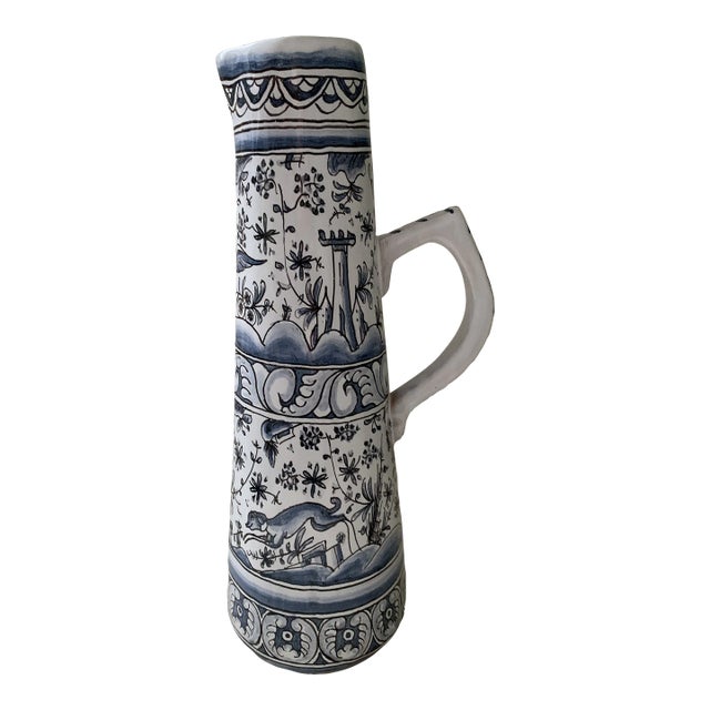 Vintage Portugal Pottery Hand Painted Tall Pitcher For Sale