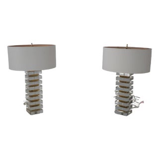 1990s Modern Design Glass and Brass Decorator Table Lamps - a Pair For Sale