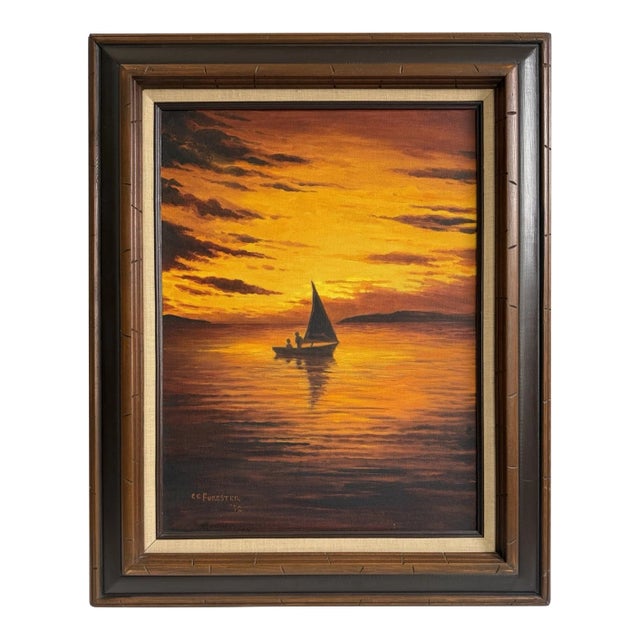 1972 Framed Oil Painting of a Sailboat & Sunset Signed by Puerto Rico Artist CC Furcster For Sale