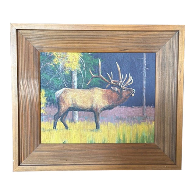 Gibbon River Bull Elk, Original Painting by Joe Low, Framed For Sale