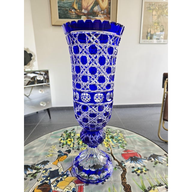 Large Cobalt Blue Cut Crystal Vase from Les Grands Ducs, 1980s For Sale - Image 12 of 12