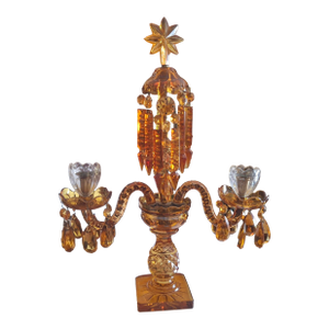 19thc Antique British Georgian Amber Crystal/ Cut Glass Candelabra