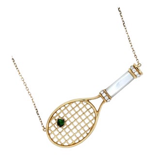 Diamond White Pearl Emerald 18 Karat Gold Tennis Racket Charm Pendant Necklace For Sale