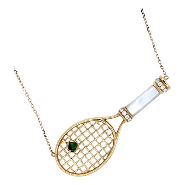 Diamond White Pearl Emerald 18 Karat Gold Tennis Racket Charm Pendant Necklace For Sale