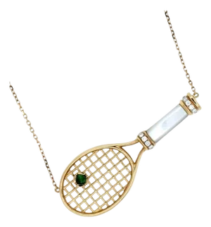 Diamond White Pearl Emerald 18 Karat Gold Tennis Racket Charm Pendant Necklace