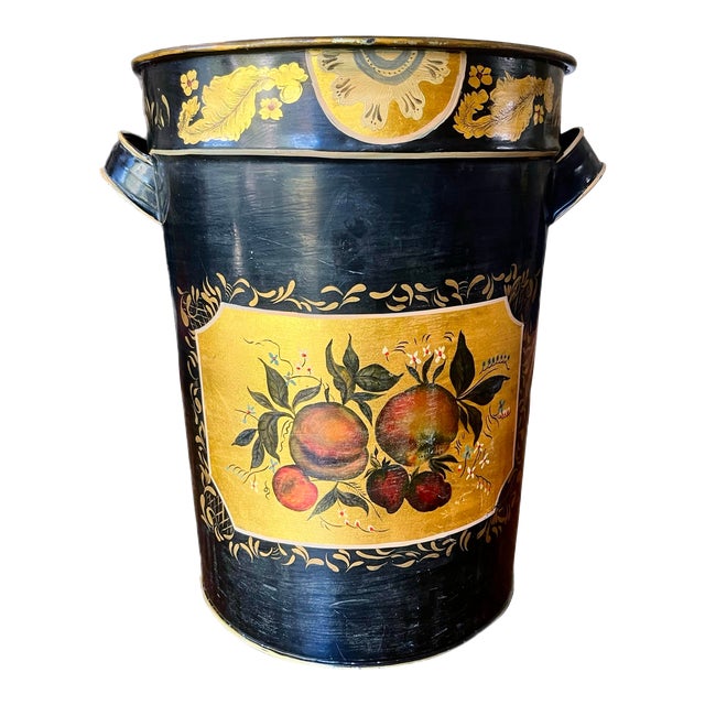 English Traditional Black Tole Decoupage and Stenciled Two Handle Pail For Sale