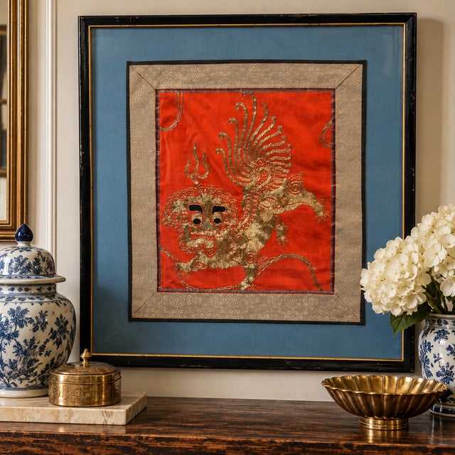 Chinese 19th-Century Qing Chinese Red Silk & Gold-Thread Buddhist Lion Embroidery For Sale - Image 3 of 17