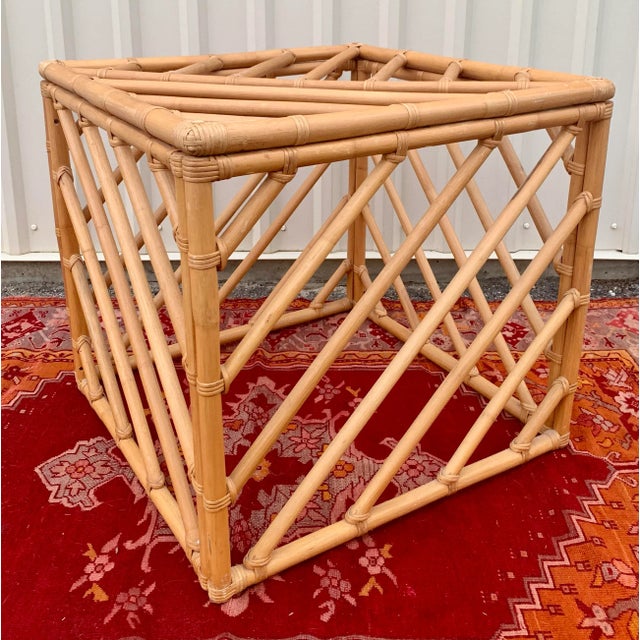 Chinese Geometric Chinese Chippendale Bamboo Rattan Cube Table For Sale - Image 3 of 13
