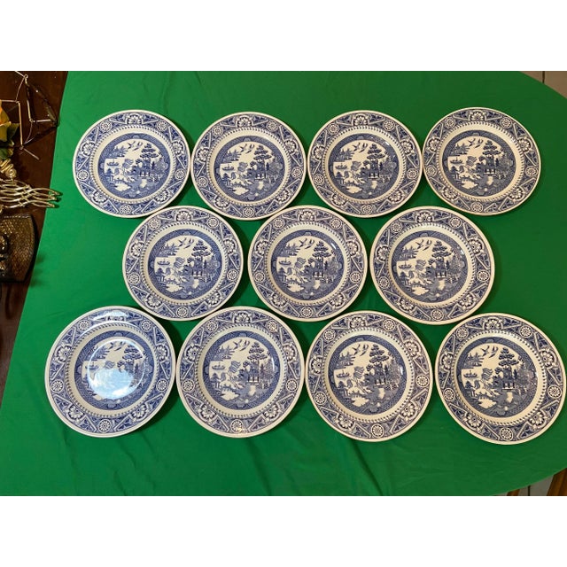 Wedgwood Antique Chinoiserie Blue Willow Shallow Bowls and Plates - A Set of 11 For Sale - Image 12 of 12