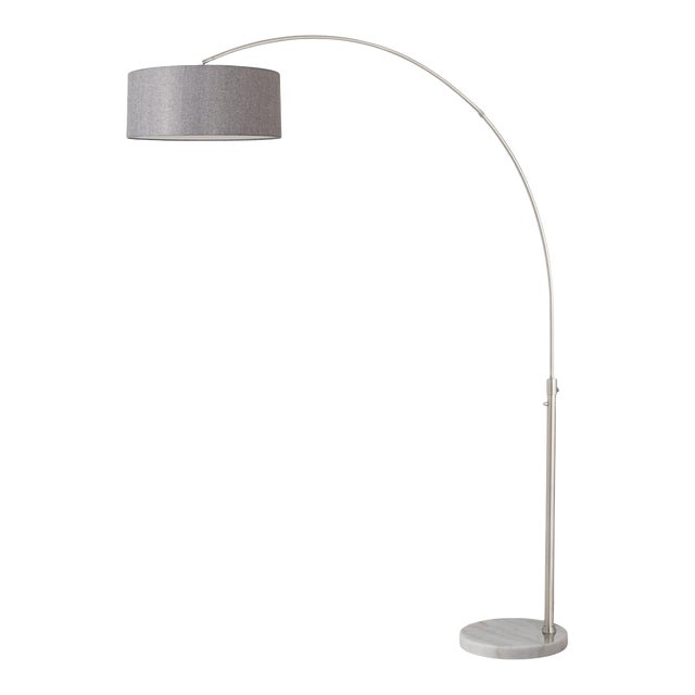 1960s Morelli Adjustable Floor Lamp - 92" Modern Arc Lamp, Cashmere Gray Linen Shade, White Marble Base, Dimmable For Sale