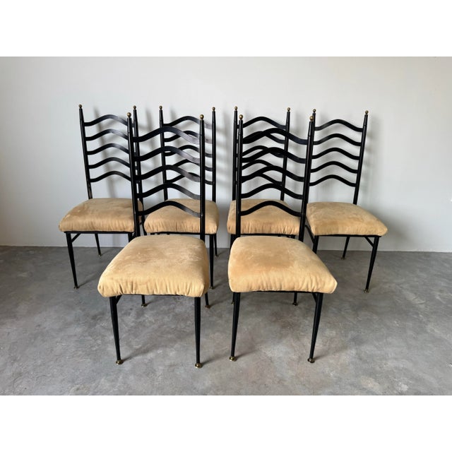 Hollywood Regency 1970s Vintage Italian Gio Ponti-Style High Ladder Back Metal Dining Chairs With Brasset of 6/ Sold For Sale - Image 3 of 12