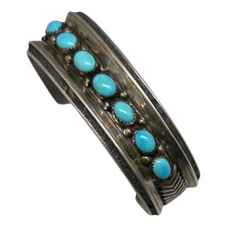 Late 20th Century Sterling Silver Cuff Bracelet With Turquoise Cabochons by Navajo Jeweler R.J. Apacheto For Sale
