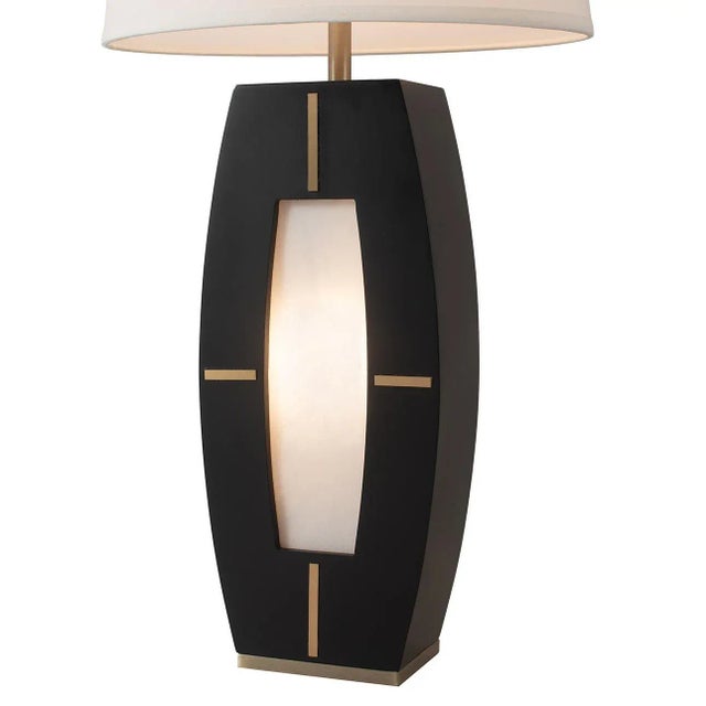 Wood Delacey Table Lamp With Nightlight - Ebony Wood Finish, Weathered Brass, White Linen Shade For Sale - Image 7 of 11