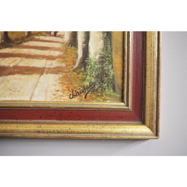 Painting on canvas with gold frame: forest in autumn. Golden wood frame.