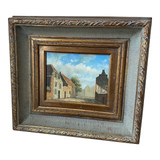 Vintage Oil Painting of Village Scene With Decorative Frame For Sale