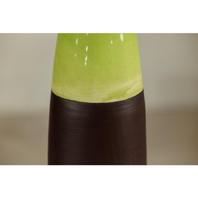 Ceramic Tall Artisan Ceramic Vase with Glossy Green and Matte Brown Glaze For Sale - Image 7 of 18
