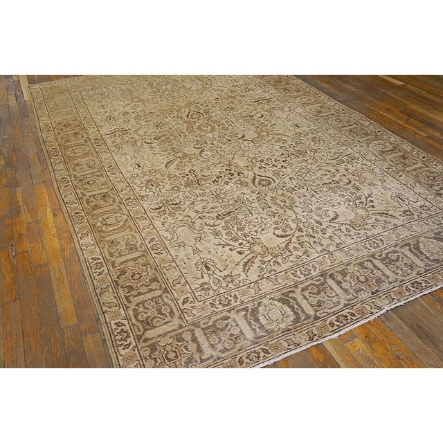 Persian 1930s Tan Sand Medallion Antique Persian Tabriz Rug 6'6" X 10' Handknotted Wool Carpet For Sale - Image 3 of 6