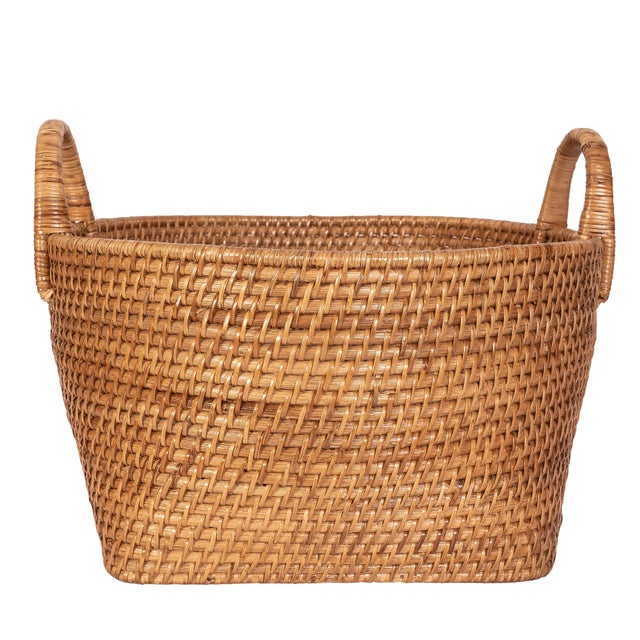 Boho Chic Saboga Home Round Basket with Hoop Handles in Honey Brown - 16.5" For Sale - Image 3 of 9