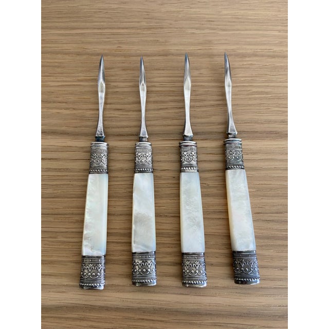 Victorian Set of 4 Vintage Mother-of-Pearl Nut Picks With Silverplate Ferrules For Sale - Image 3 of 4