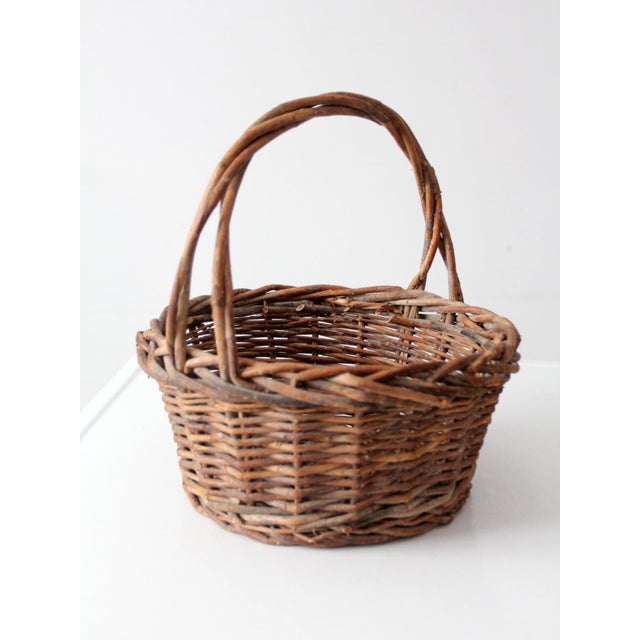 Brown Vintage Rustic Woven Willow Basket With Handle For Sale - Image 8 of 13