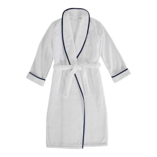 Turkish Plush Bathrobe with Piping in Large/Extra Large in White/Navy For Sale