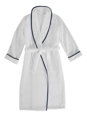 Turkish Plush Bathrobe with Piping in Large/Extra Large in White/Navy
