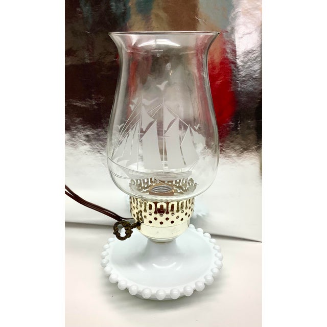 White Mid Century Opaline Milk Glass Hurricane Lamp Nautical Theme For Sale - Image 8 of 8