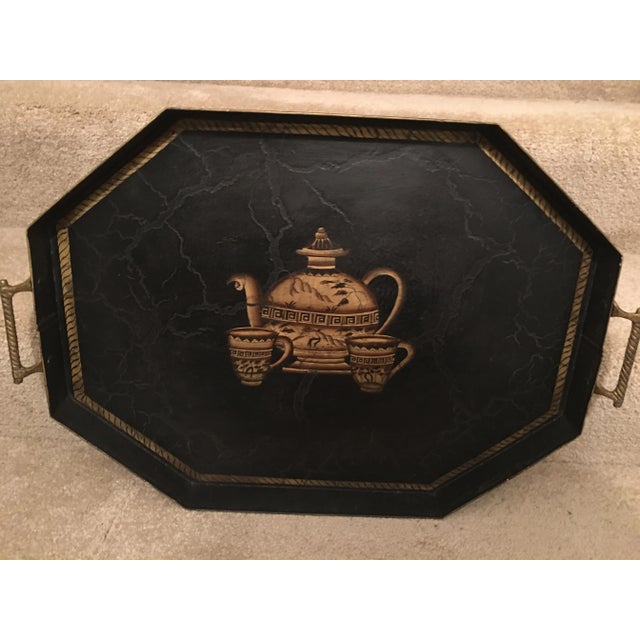 Hand-Painted Tea Cup Design Black Tole Tray For Sale - Image 11 of 13