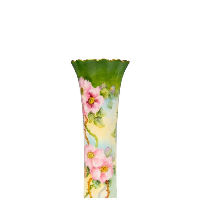 Mid-Century Modern Antique Hand-Painted & Gilt Decorated Tall Porcelain Rose Vase / Belleek Willets For Sale - Image 3 of 11