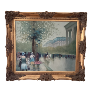 Vintage Impressionist Oil Painting on Canvas “ Paris Streets“ Signed Framed