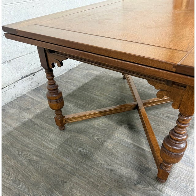 English Vintage Old English Tudor Jacobean Revival Style Oak Draw Leaf Dining Table For Sale - Image 3 of 18