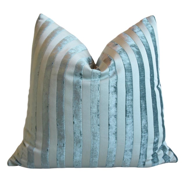 French Turquoise Velvet Striped Feather/Down Pillow 24” Square For Sale