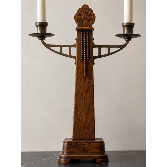 Art Deco Amsterdam School Oak and Brass Candlesticks, 1920s, Set of 2 For Sale - Image 3 of 10