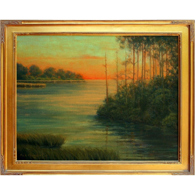 Evocative landscape of a glowing sunset over calm waters by California artist Max Flandorfer (American, b. 1962). Signed...