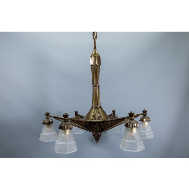 Art Deco French Bronze and Frosted White Glass Six-Light Chandelier, 1920 For Sale - Image 17 of 18