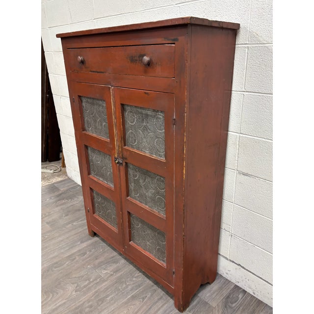 American Antique Rustic Early American Punched Tin Pie Safe Jelly Cupboard Pantry For Sale - Image 3 of 13