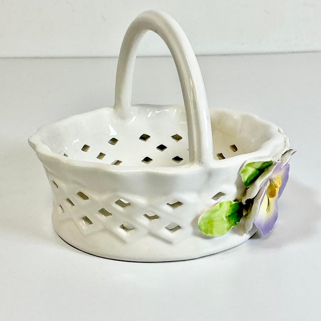 1980s Vintage Coastal Knife-Cut Ceramic Pansy Candy Dish With Handle For Sale - Image 10 of 12