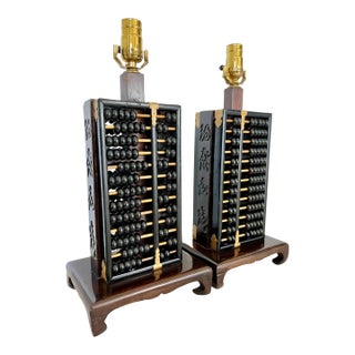 Chinoiserie Abacus Table Lamps, Ebonized Wood & Gold Accents, 1960s For Sale