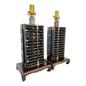 Chinoiserie Abacus Table Lamps, Ebonized Wood & Gold Accents, 1960s