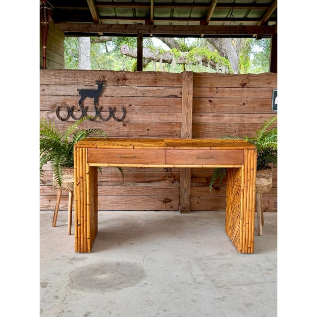 Mid-20th Century Refinished Split Rattan Chevron Two Drawer Floating Vanity or Desk For Sale - Image 11 of 12