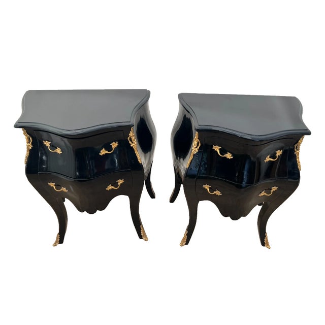 Gorgeous Vintage Pair of French Nightstand Tables, Two Drawers, Black Lacquer Marble removable top, Brass Ormolu 30" Tall...