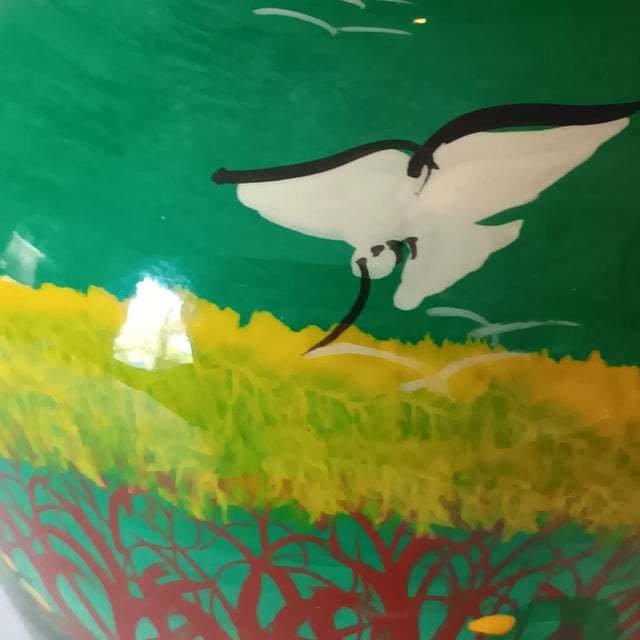 Vintage Mexican Folk Art Vase Handpainted Terracotta Colorful Green Blue Red Glossy 8" X 7" For Sale - Image 11 of 15