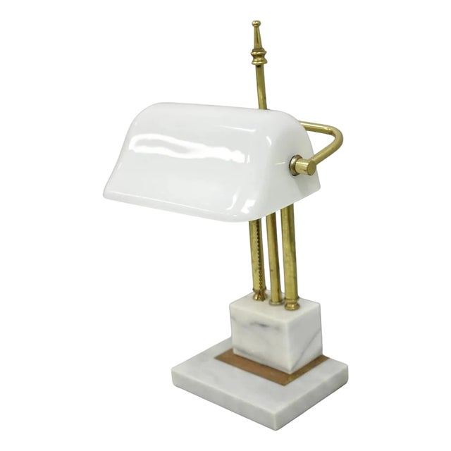 Vintage Mid Century Modern Art Deco Marble & Brass Bankers Desk Lamp W/ Shade For Sale