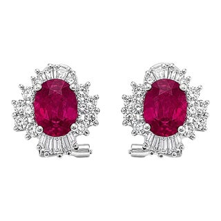 18k White Gold Oval Ruby Diamond Halo Earrings, 2.37 Ct Natural Rubies, A Pair For Sale