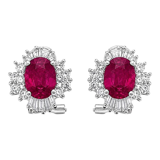 18k White Gold Oval Ruby Diamond Halo Earrings, 2.37 Ct Natural Rubies, A Pair For Sale