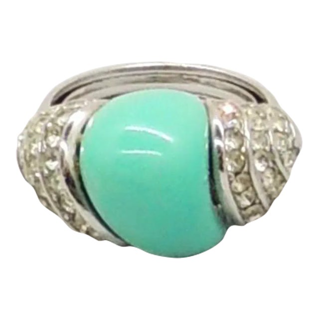 Vintage 1960s Signed Crown Trifari Rhodium Plated Faux-Turquoise & Clear Rhinestone Ring Size 5.5-7.5 For Sale
