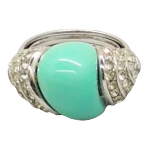 Vintage 1960s Signed Crown Trifari Rhodium Plated Faux-Turquoise & Clear Rhinestone Ring Size 5.5-7.5