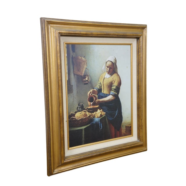 English Vintage 1983 Kitchen Maid Milkmaid Print on Board After Johannes Vermeer 20", Framed For Sale - Image 3 of 11