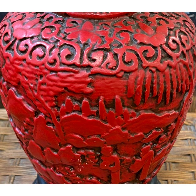 Chinese Antique Asian Red Cinnabar Lamp With Original Paper Pleated Shade For Sale - Image 3 of 12