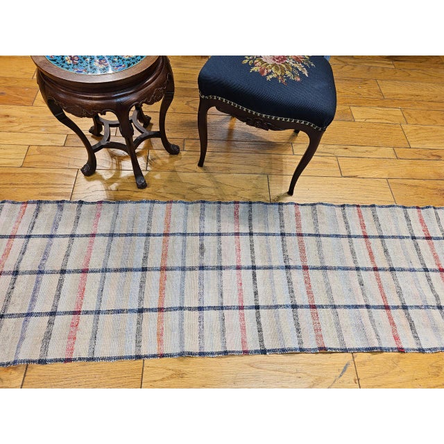 Vintage American Rag Runner, Handwoven Wool & Cotton, Indigo Stripe Pattern, 2x11 For Sale - Image 11 of 12